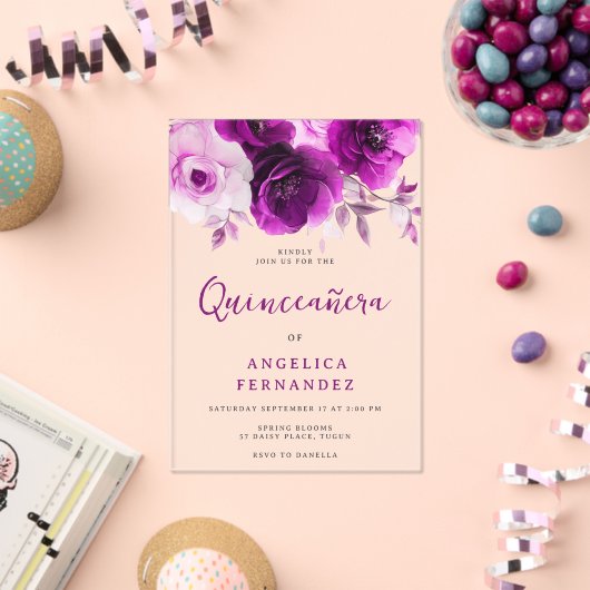 Paarse Roos Quinceanera Partij Acryl Uitnodigingen (Insitu (Viering))