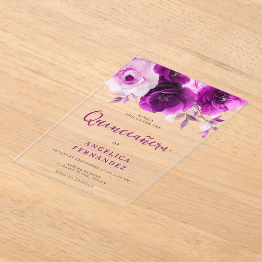 Paarse Roos Quinceanera Partij Acryl Uitnodigingen (Laagn)