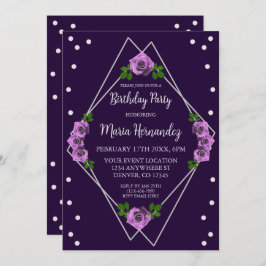 Paarse Roos Silver Geometric Birthday Kaart