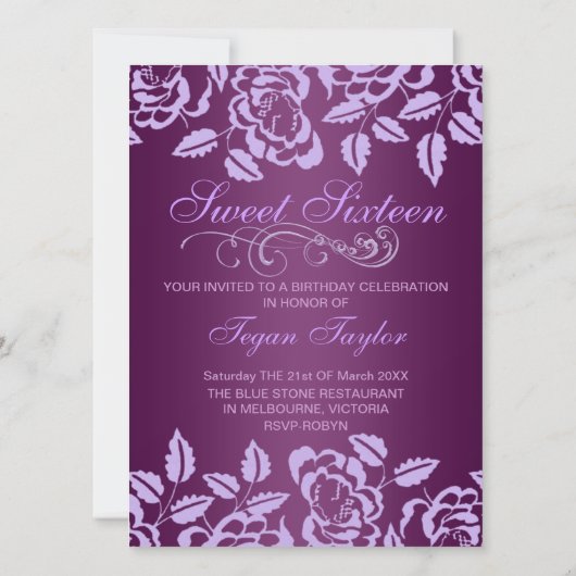 Paarse Roos Sweet16 Verjaardag Uitnodigen Kaart (Achterkant)