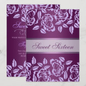 Paarse Roos Sweet16 Verjaardag Uitnodigen Kaart (Voorkant / Achterkant)