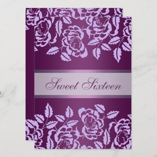 Paarse Roos Sweet16 Verjaardag Uitnodigen Kaart (Voorkant / Achterkant)