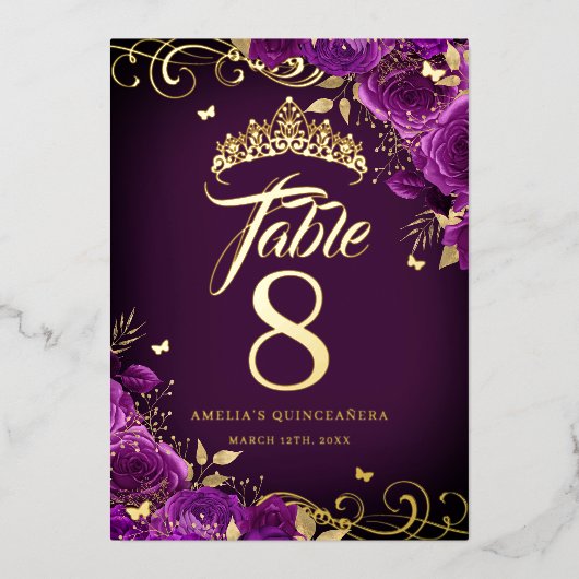 Paarse Roos Swirl Quinceanera Gouden Tafelnummer (Voorkant)