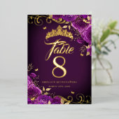 Paarse Roos Swirl Quinceanera Gouden Tafelnummer (Staand Voorkant)