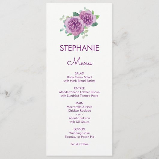 Paarse Roos Waterverf Gast Naam Bruiloft Menu (Voorkant)