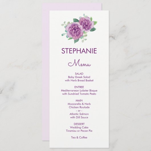 Paarse Roos Waterverf Gast Naam Bruiloft Menu (Voorkant / Achterkant)