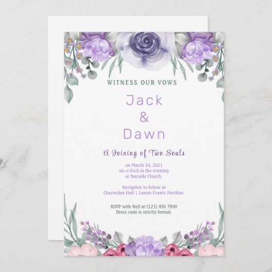 Paarse Roos Waterverf - Uitnodiging tot weduwschap (Voorkant / Achterkant)