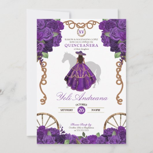 Paarse Roos Westerne Ranchera Quinceanera Kaart (Voorkant)