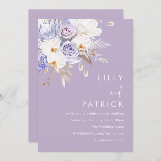 Paarse Roos & witte bloemenbruiloft Kaart (Voorkant / Achterkant)