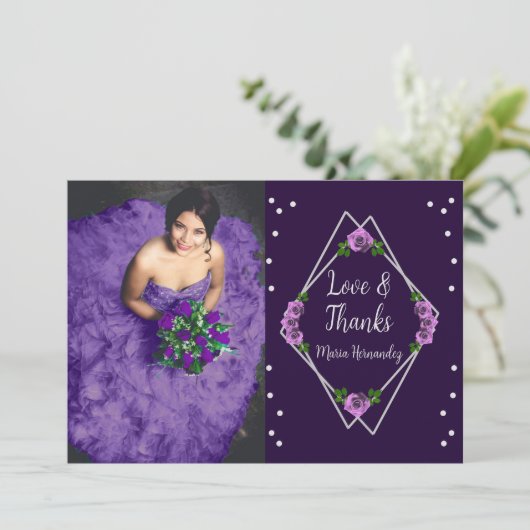 Paarse Roos Zilver Geometrisch Sweet 16 Bedankkaart (Staand voorkant)