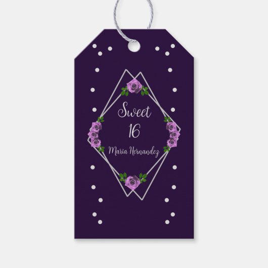 Paarse Roos Zilver Geometrisch Sweet 16 Cadeaulabel (Voorkant)