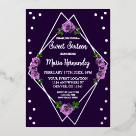 Paarse Roos Zilver Geometrisch Sweet 16 Folie Uitnodiging