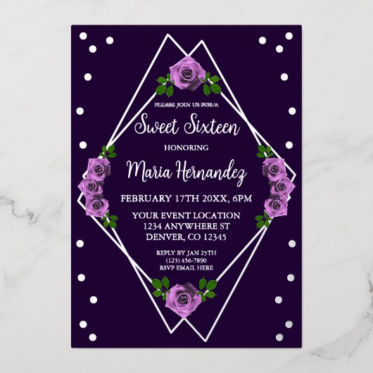 Paarse Roos Zilver Geometrisch Sweet 16 Folie Uitnodiging (Voorkant)