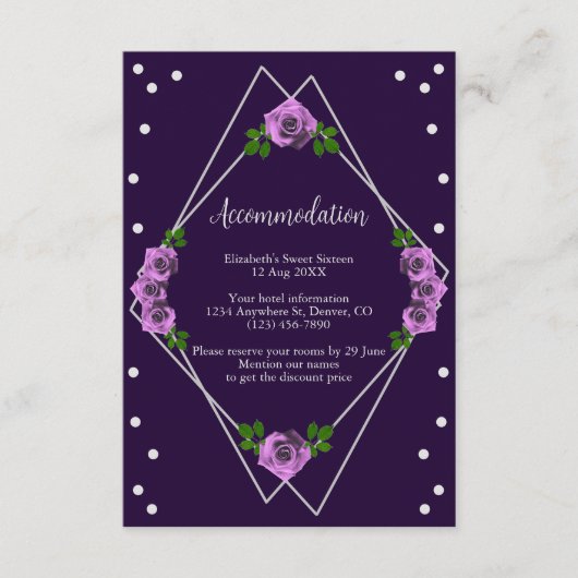 Paarse Roos Zilver Geometrisch Sweet 16 Informatiekaartje (Voorkant)