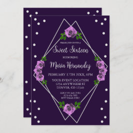 Paarse Roos Zilver Geometrisch Sweet 16 Kaart