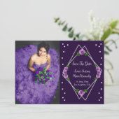 Paarse Roos Zilver Geometrisch Sweet 16 Save The Date (Staand voorkant)