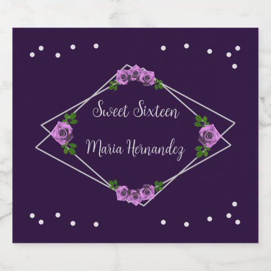 Paarse Roos Zilver Geometrisch Sweet 16 Sparkling Wijnetiket (Enkel label)