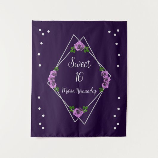 Paarse Roos Zilver Geometrisch Sweet 16 Wandkleed (Voorkant)