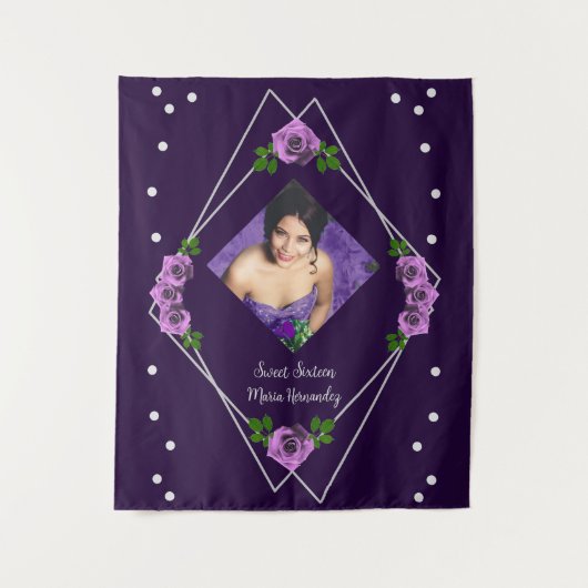 Paarse Roos Zilver Geometrisch Sweet 16 Wandkleed (Voorkant)