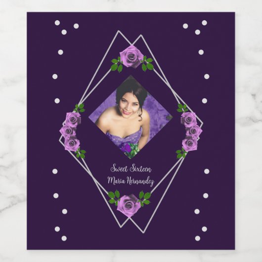 Paarse Roos Zilver Geometrisch Sweet 16 Wijn Etiket (Enkel label)