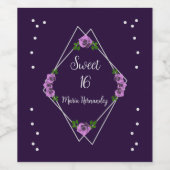 Paarse Roos Zilver Geometrisch Sweet 16 Wijn Etiket (Enkel label)