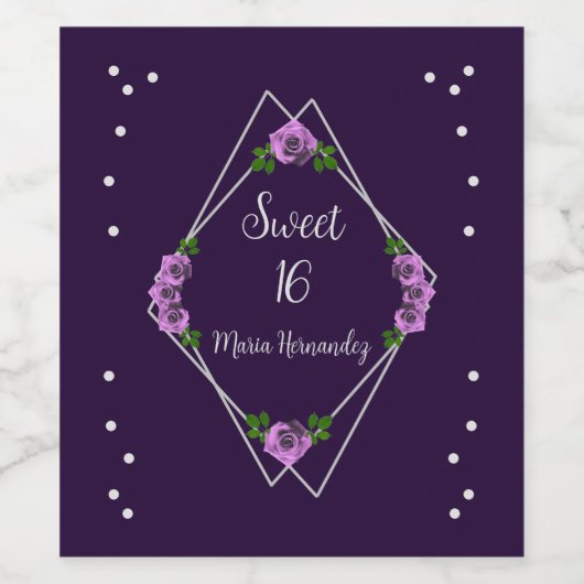 Paarse Roos Zilver Geometrisch Sweet 16 Wijn Etiket (Enkel label)