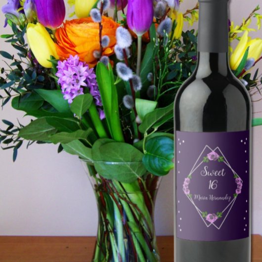 Paarse Roos Zilver Geometrisch Sweet 16 Wijn Etiket