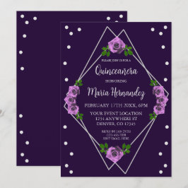 Paarse Roos Zilveren Geometrische Quinceañera Kaart