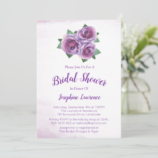 Paarse Rose Boeket Bruidsdouche Uitnodigingen (Staand voorkant)