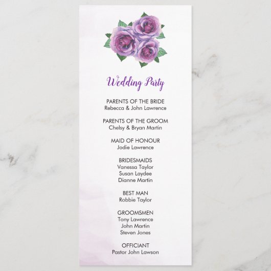 Paarse Rose Boeket Trouwceremonie Programmakaart (Achterkant)
