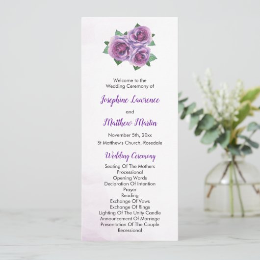 Paarse Rose Boeket Trouwceremonie Programmakaart (Staand voorkant)