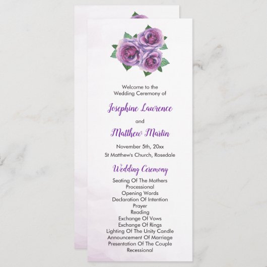 Paarse Rose Boeket Trouwceremonie Programmakaart (Voorkant / Achterkant)