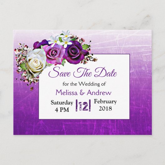 Paarse Rose Bouquet Wedding Save the Date Aankondigingskaart (Voorkant)