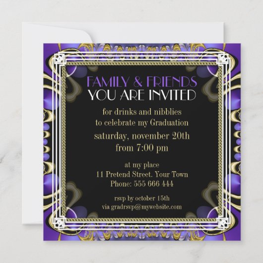 Paarse Royal Art Deco Uitnodigingen voor afstudeer (Achterkant)