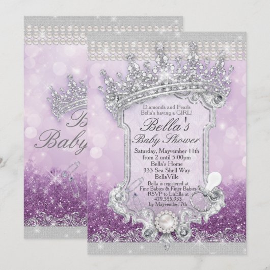 Paarse Royal Bling Glitter Baby Shower Uitnodiging (Voorkant / Achterkant)