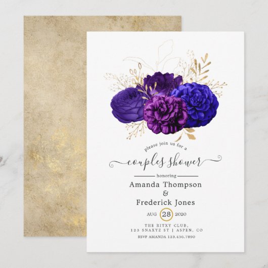 Paarse, Royal Blue en Gold Floral Couples Kaart (Voorkant / Achterkant)