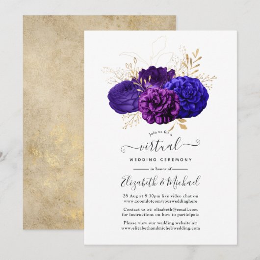 Paarse, Royal Blue en Gold Floral Virtual Wedding Kaart (Voorkant / Achterkant)