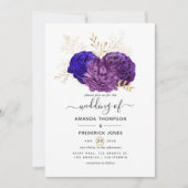 Paarse, Royal Blue en Gold Floral Wedding Kaart (Voorkant)