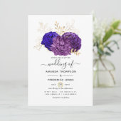 Paarse, Royal Blue en Gold Floral Wedding Kaart (Staand voorkant)