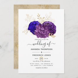 Paarse, Royal Blue en Gold Floral Wedding Kaart