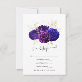 Paarse, Royal Blue en Gold Floral Wedding RSVP Kaartje