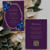 Paarse Royal Blue Floral Gold Geo QR Code Huwelijk Kaart