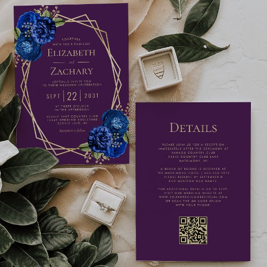 Paarse Royal Blue Floral Gold Geo QR Code Huwelijk Kaart