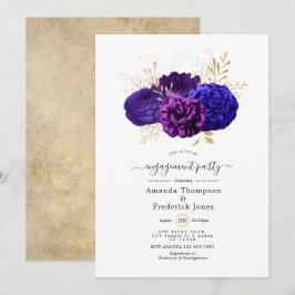 Paarse, Royal Blue & Gold Floral Engagement Party Kaart