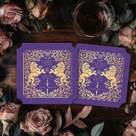 Paarse Royal Lion Middeleeuws Zwaard Wedding Ticke Kartonnen Onderzetters