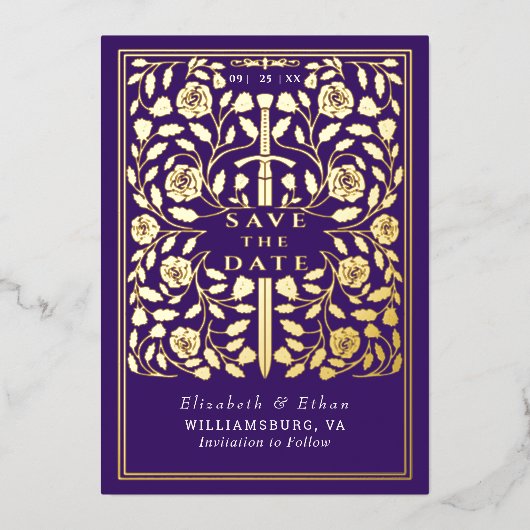 Paarse Royal Medieval Sword Wedding Save the Date Folie Uitnodiging (Voorkant)