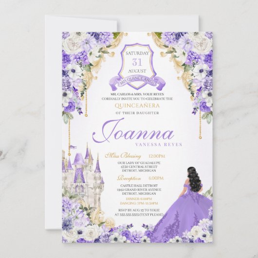 Paarse Royal Princess Gold & Lavendel Quinceanera Kaart (Voorkant)