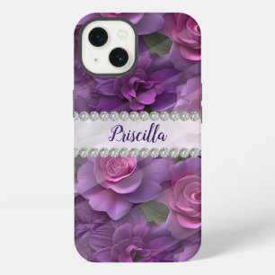 Paarse & roze 3D rozen, diamanten frame op maat iPhone 13 Hoesje