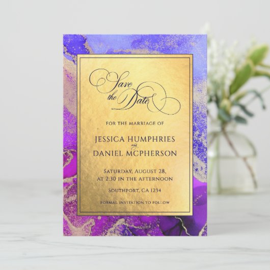 Paarse roze Abstracte goudbruine bruidswand Save The Date (Staand voorkant)