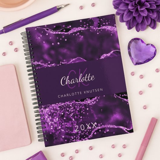 Paarse Roze Agaat Marmer Monogram 2026 Planner
